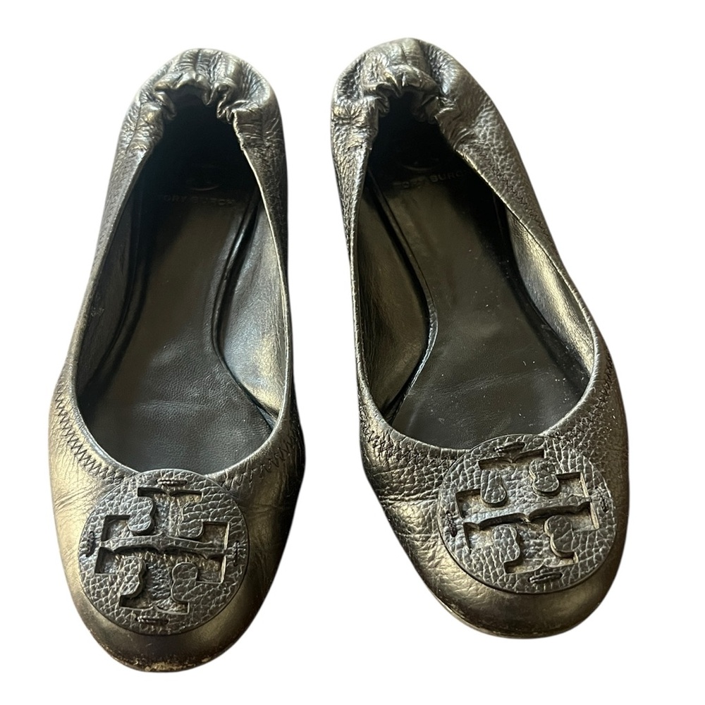 Tory Burch Flats Size 8.5 Black Pebble Texture Logo Shoes Work Office Casual
